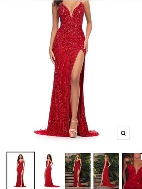 Red Sequin Plunge V-Neck Evening Gown with High Slit